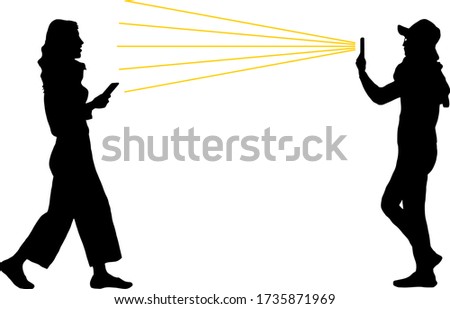 Silhouette of two woman taking photos with their smartphone for the concept: Facial recognition tool. Vector illustration.