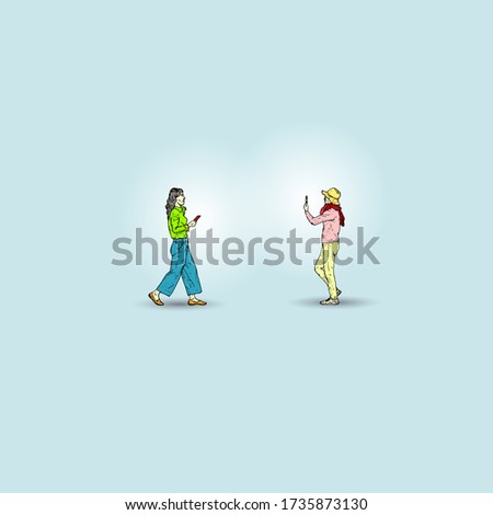 Two woman taking photos of each other in a public area with their smartphone for the concept: Contact tracing via facial recognition tool. Vector illustration.