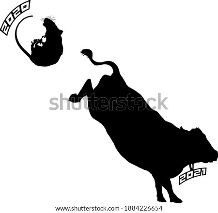 Silhouette of a cow kicked out a rat for the Chinese New horoscope concept of Year 2021 replacing Year 2020. Vector illustration.