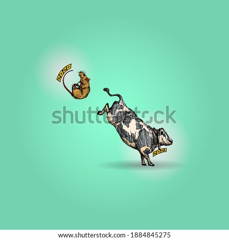 2021 year of the cow kick-out 2020 year of the rat for Chinese New Year horoscope concept. Hand drawn vector illustration.