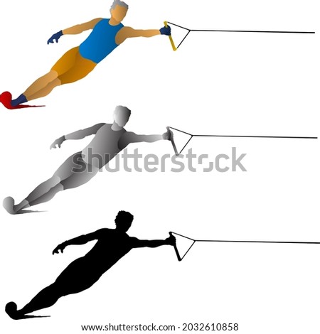 Silhouette icon of a water skier tethered to a towing rope. Vector illustration.