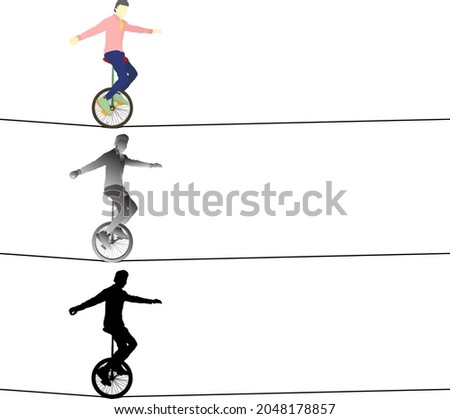 Silhouette icon of man riding unicycle across a tightrope. Vector illustration.