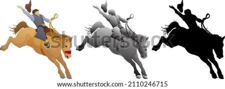 Silhouette icon of rodeo cowboy rider wrestle a bucking bronco horse. Vector illustration. Imagine de stoc © 