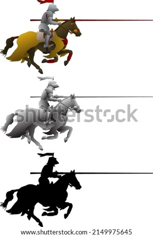 Silhouette icon of medieval knight on horseback in a jousting competition, isolated against white. Vector illustration. 