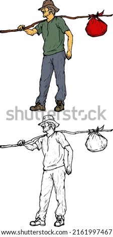 Homeless hobo travel with a bag sling on a stick over his shoulder, isolated against white. Hand drawn vector illustration.