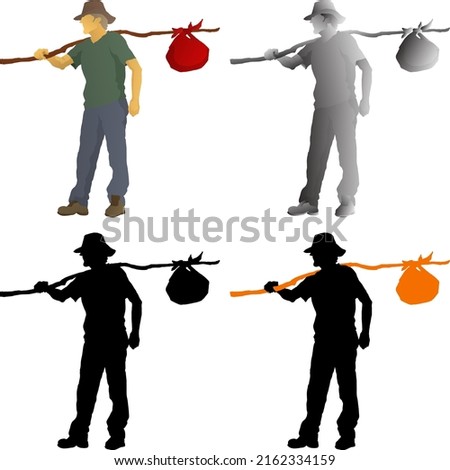 Silhouette icon of hobo hitchhiker with a bag on a stick sling over his shoulder, isolated against white.  Vector illustration.