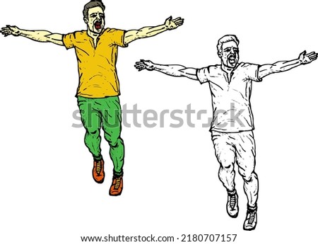 Man running forward with open arms, isolated against white. Hand drawn vector illustration.