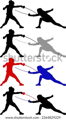 Silhouette outline of two fencer face off in sports fencing, isolated against white. Vector illustration.