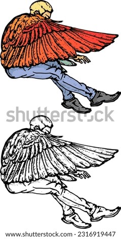 An angel flap his big feather wings as he takes off, isolated against white. Hand drawn vector illustration.