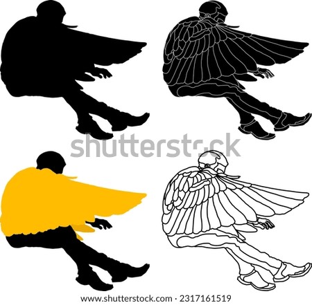 Silhouette icon of an angel flap his feather wings as he takes off into the sky, isolated against white. Vector illustration.
