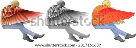 An angel flap his big feather wings as he takes off into the sky, isolated against white. 3D vector illustration.