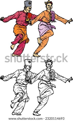 Malay cultural dancers performing the Zapin folk dance move, isolated against white. Hand drawn vector illustration.