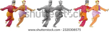 Malay cultural dancers performing the Zapin folk dance move, isolated against white. 3D vector illustration.