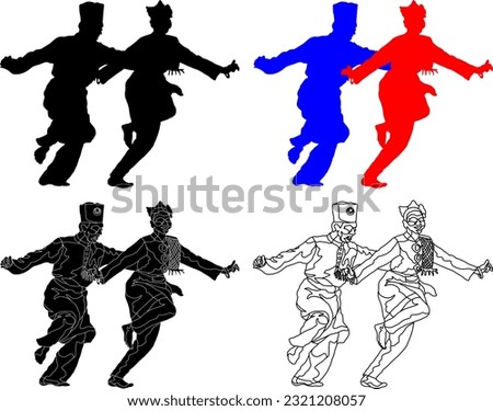 Silhouette icon of Malay cultural dancers perform the Zapin folk dance move, isolated against white. Vector illustration.