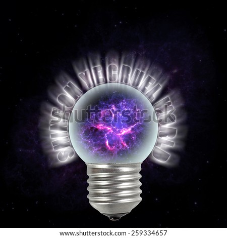 An incandescent light bulb with a supernova cosmic explosion and the doomsday message: Shine on ye cruel world. Elements of this image furnished by NASA.
