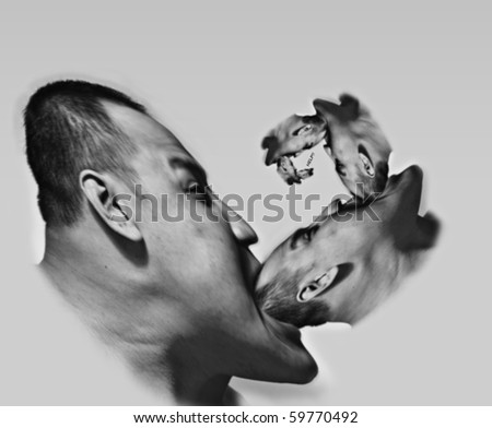 A distorted image of a spiraling head consuming another head.