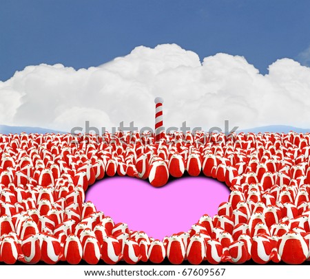 An image of a colony of psychedelic red colored penguin forming a pink colored heart shape for valentine.