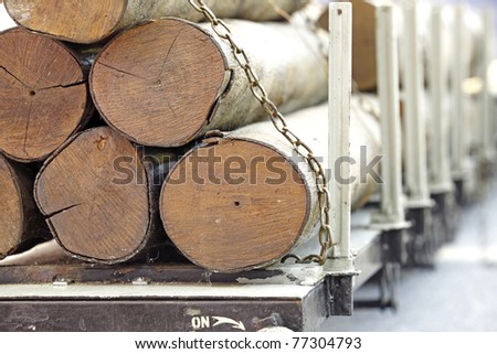 Timber log chained onto a train transportation carriage ready for delivery.