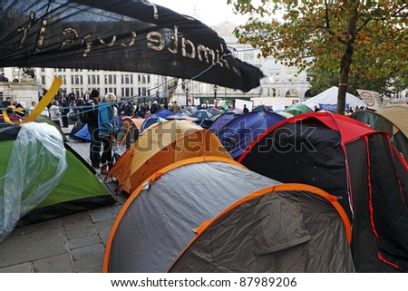 LONDON - NOVEMBER 1: Protesters\' tents at the Occupy London Stock Exchange anti-capitalist protest on November 1, 2011 at St Paul\'s Cathedral churchyard in London, England.