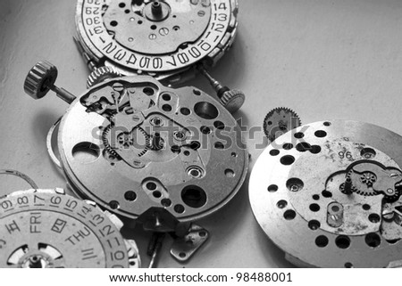 Closeup image of vintage mechanical innards of old watches in monochrome.
