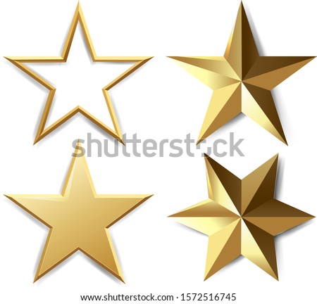 Golden Stars Set Isolated White Background With Gradient Mesh, Vector Illustration