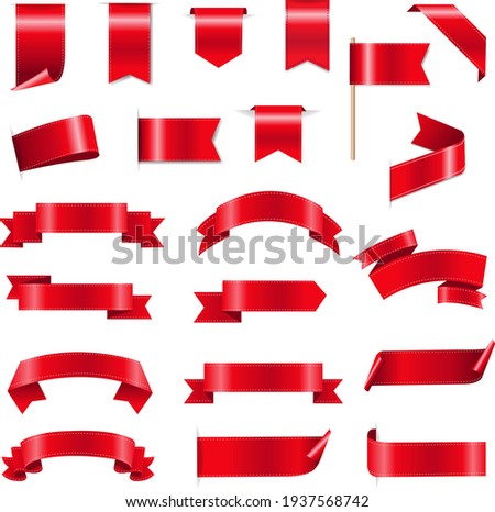 Silk Red Ribbons And Tags White Background With Gradient Mesh, Vector Illustration