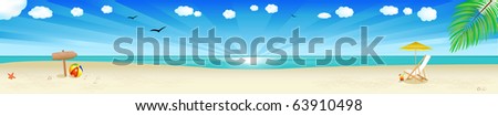 Beach Banner, Tropical Landscape With Beach, Sea And Palm Tree, Vector Illustration
