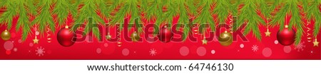 Merry Christmas Banner With New Year\'s Spheres, Stars, Streamer And Holly Berry, Isolated On Red Background