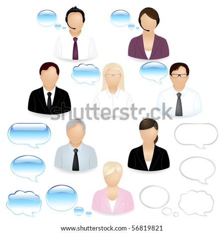 8 Vector Business People Icons With Dialog Bubbles, Isolated On White