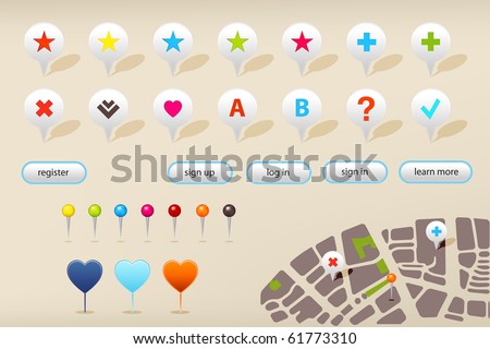 Collection Of Website And GPS Navigation Elements For Your Web Projects, With Pattern Grass, Vector Illustration