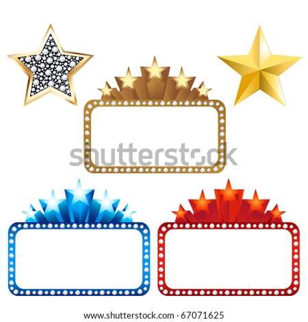 3 Blank Billboards With Stars And 2 Gold Stars, Isolated On White Background, Vector Illustration