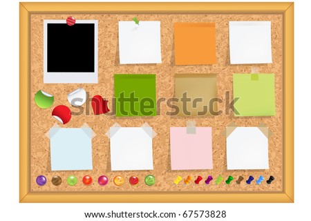 Cork Notice Board With Blank Colorful Sticker Notes And Magnets And Photos, Vector Illustration