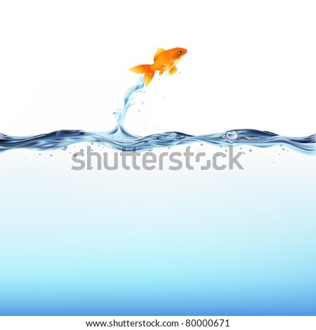 Goldfish Leaping Out Of Water, Isolated On White Background, Vector Illustration