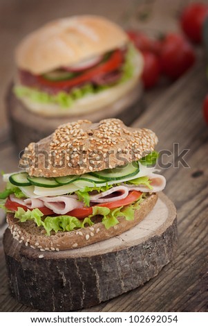 Delicious ham, cheese and salami sandwich with vegetables, lettuce, cherry tomatoes in natural setting with wooden background