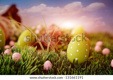 Colorful Easter eggs. Holiday nature concept with easter hunt. Eggs in the sunny meadow