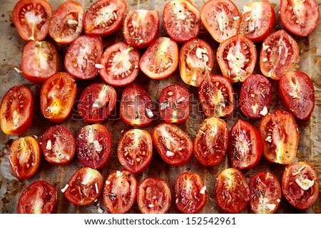 Vegetarian food. Sun dried tomatoes with herbs and garlic. Italian food vegetables