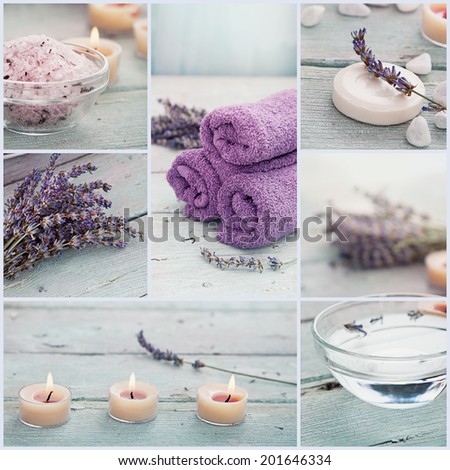 Spa collage series. Spa collage made of five images. Floral water, lavender flowers, bath salt, candles and towel.