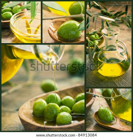 Olive harvest collage made of five images. Freshly harvested olives, olive oil on olive wood