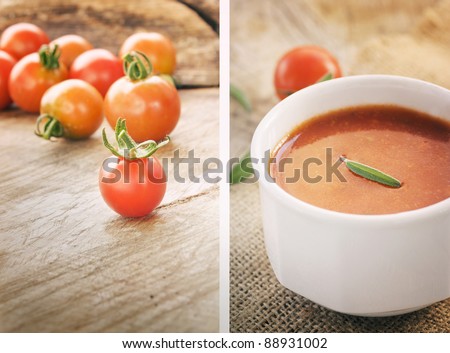Tomato soup collage with Freshly harvested summer cherry tomatoes on wooden background and hot tomato soup