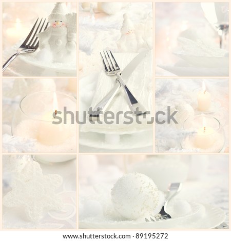 Restaurant series. Collage of fancy Christmas dinner.  Holiday luxury table setting with beautiful white snow and ornaments.