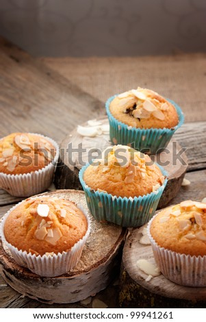 Delicious organic muffins. Almond and cherry cup cakes in natural setting.