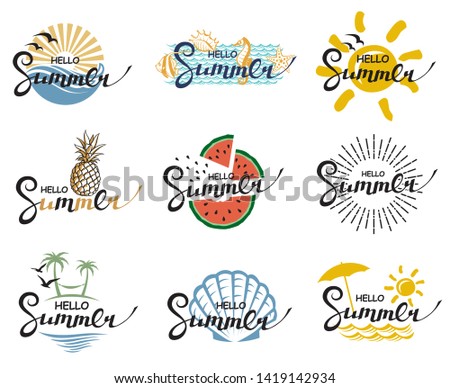 emblems collection of hello summer lettering with beach, pineapple and watermelon isolated on white background