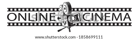 online cinema poster with retro film camera isolated on white background