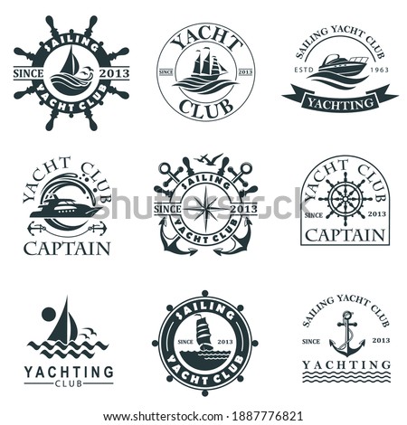 collection of yacht club labels with sea waves, anchor and helm isolated on white background