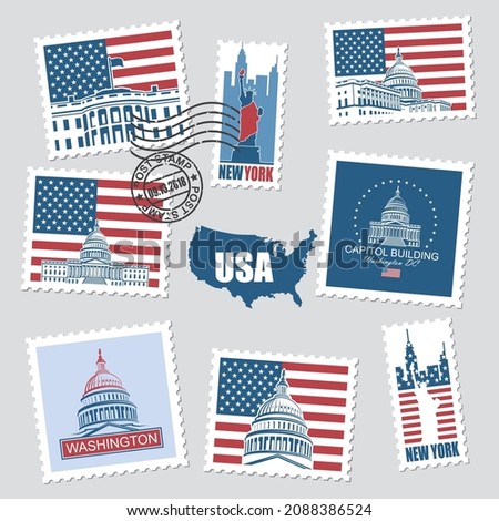 postage stamps set with american symbols statue of liberty, capitol building and white house