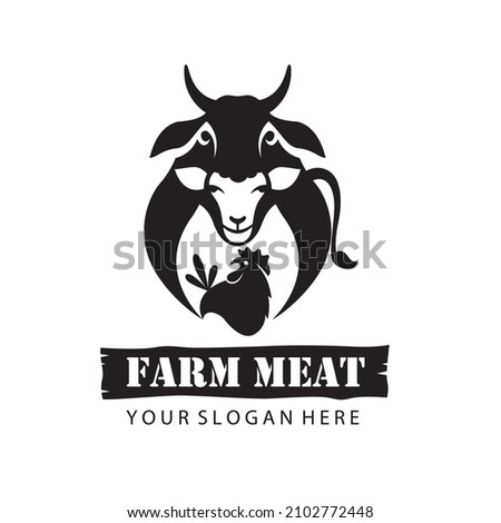 label of farm animals cow, chicken and sheep isolated on white background