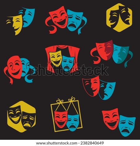 collection of comedy and tragedy theatrical masks isolated on black background