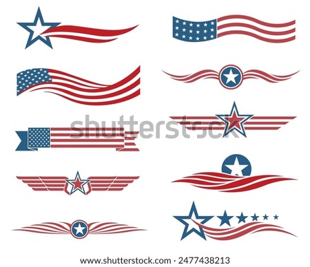 collection of USA star flag labels isolated on white background