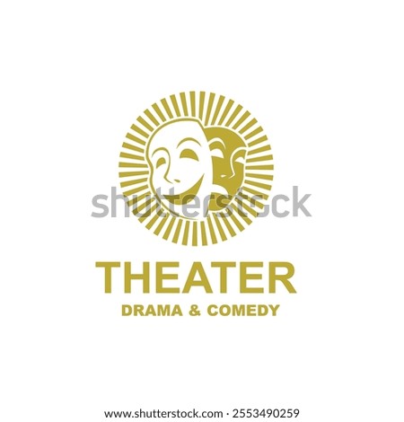 icon of golden comedy and tragedy theatrical masks isolated on white background