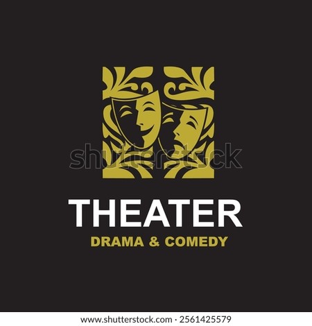 golden icon of comedy and tragedy theatrical masks isolated on black background